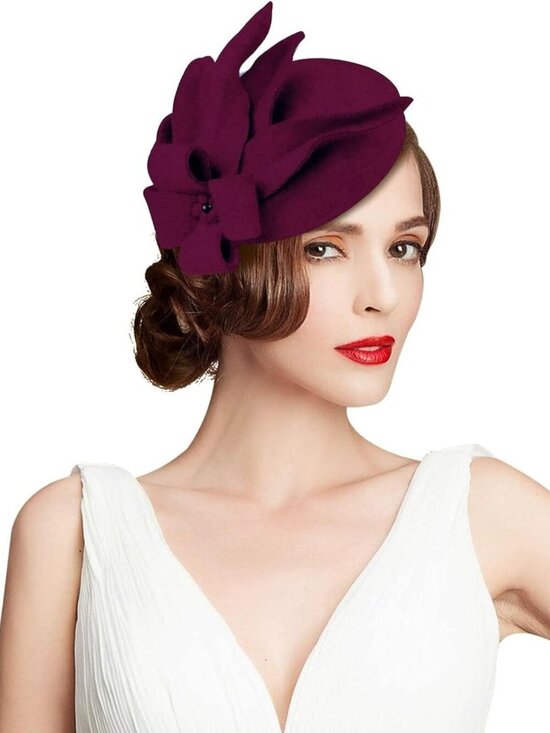 Women\'s Wool Felt Flower Pillbox Hat British Wedding Church Derby Hats Wine Red main image 4